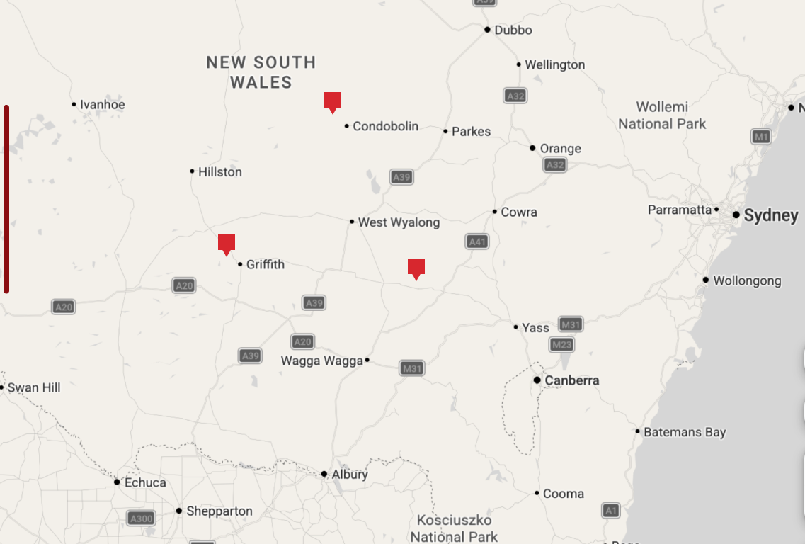 Map of New South Wales with Regional Group Australia site markers.